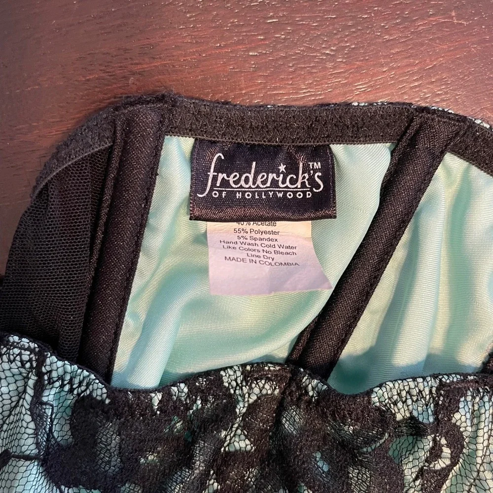 Fredericks of Hollywood Teal Black Lace Corset Bustier Sweetheart Bows Size 36‎
